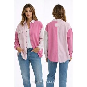 POL Pink Colorblock Corduroy Shacket Oversized Raw Hem Shirt Jacket Medium